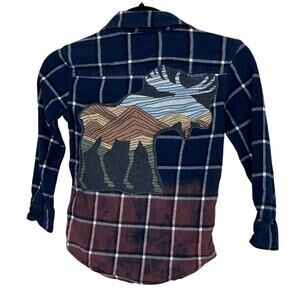 Moose Kids Plaid Flannel Button Down Shirt MEDIUM Unique Ombre Upcycled